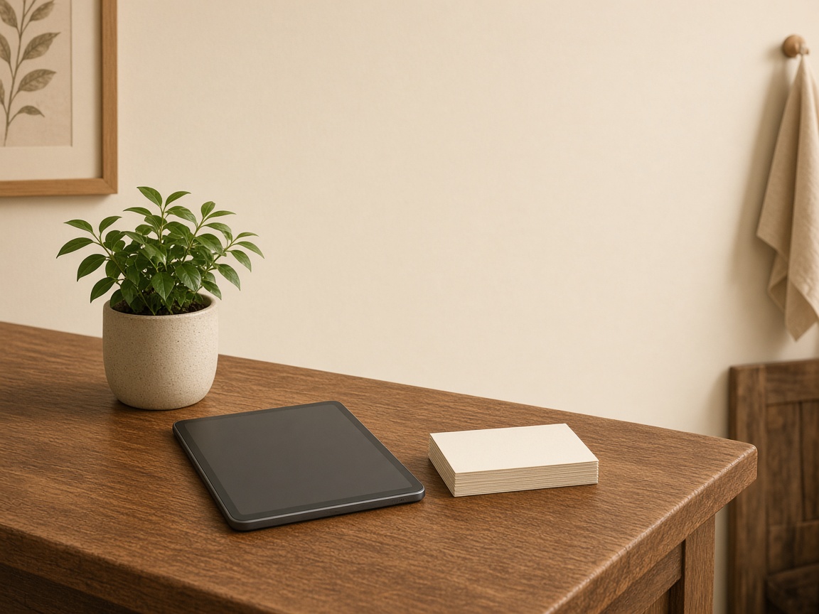 Front desk with a blank tablet and plain cards
