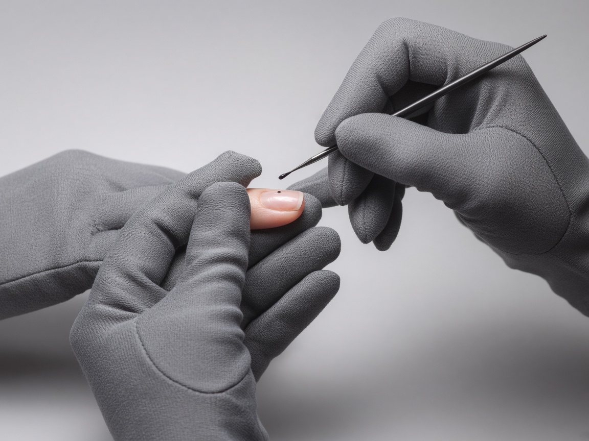 Gloved hands painting a nail